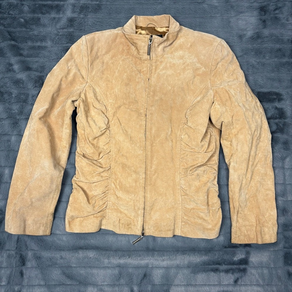 Metrostyle Tan Suede Leather Ruched Zip Front Mock Neck Jacket Womens Size 8
